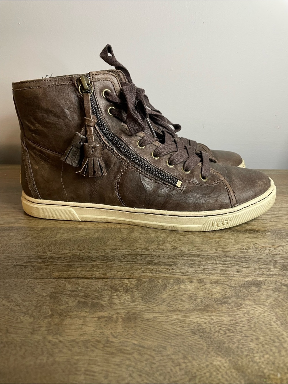 UGG Brown Leather High-Top Lace-Up Bootie with Tassel Zip